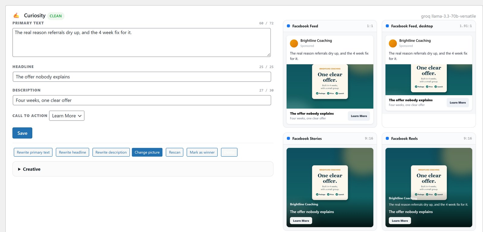 An ad in the ADs campaign builder with character counts and Facebook feed, desktop, Stories and Reels previews.