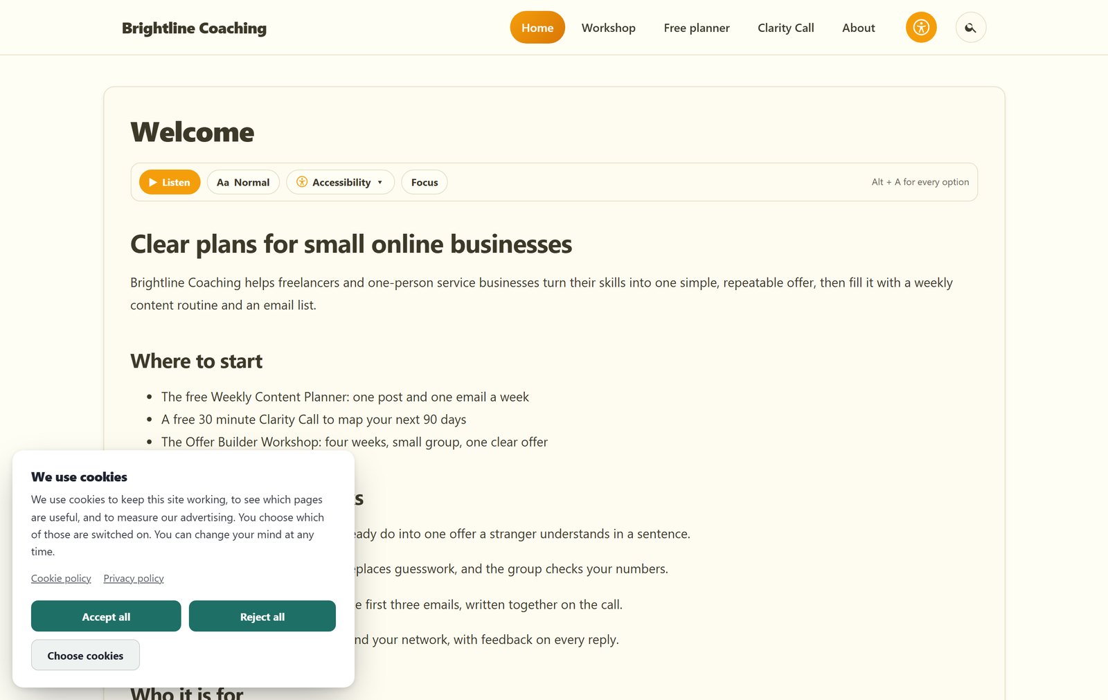 Cookie banner on a coaching website with equal Accept all and Reject all buttons and a Choose cookies option.
