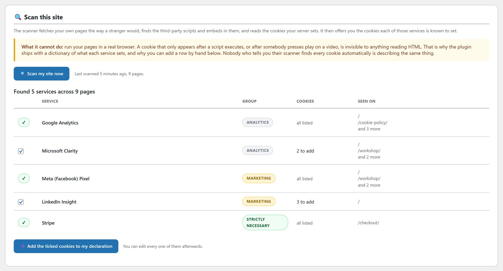 Consent site scan results listing five tracking services found on the site, their group and pages seen on.