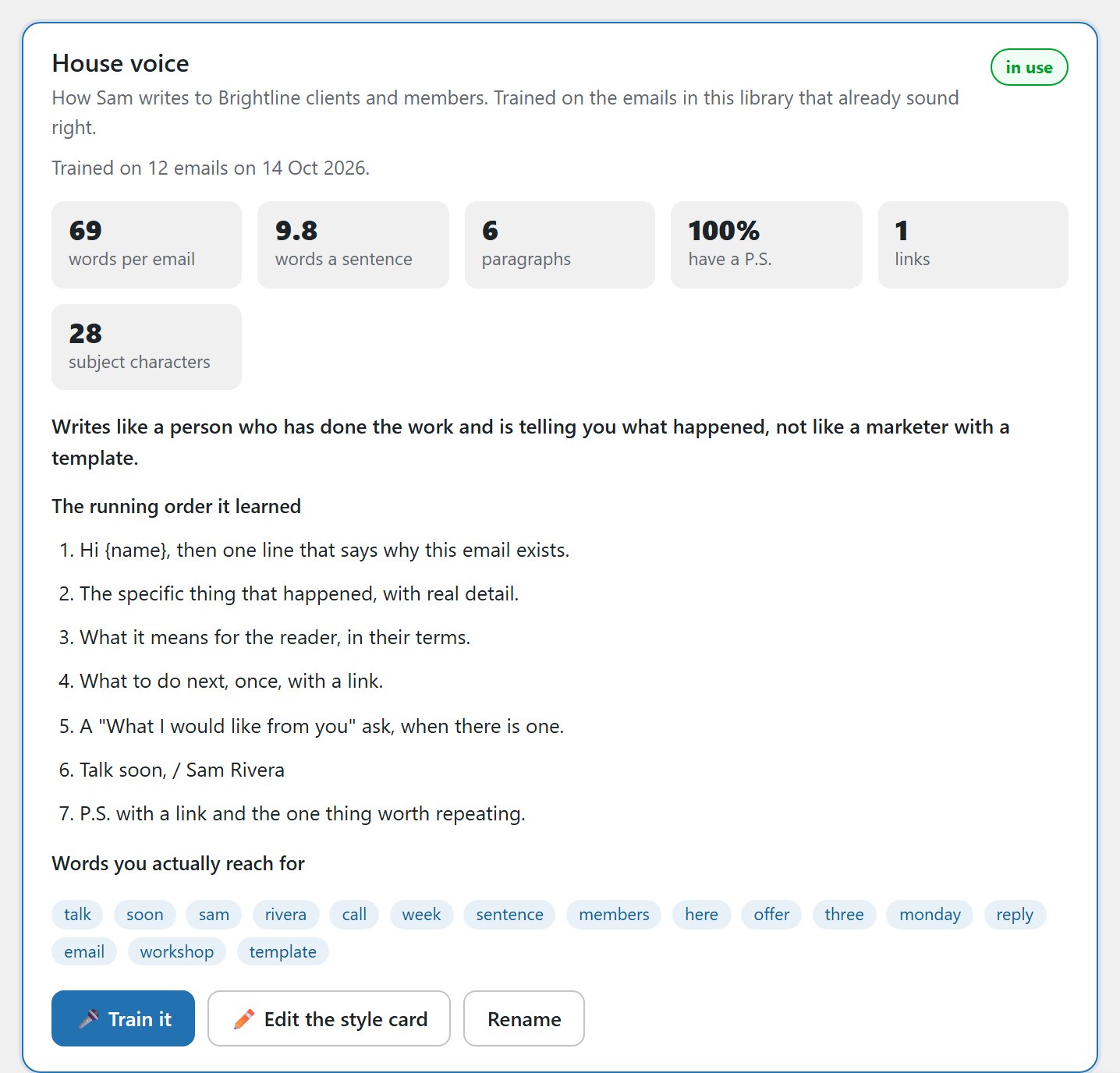Voice training card with measured writing numbers like words per email and sentence length, plus the learned running order.