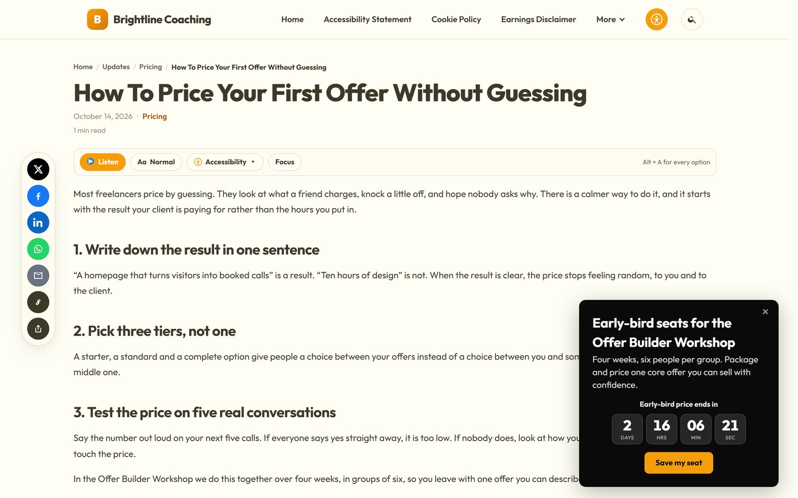 Slide-in offer with a live countdown timer on a blog post, as a visitor sees it
