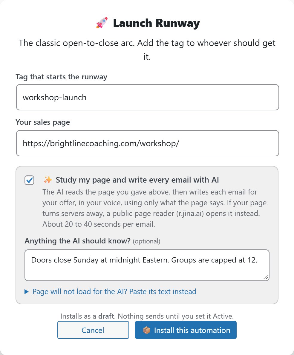 Dialog to install a ready-made launch automation that studies a sales page and writes every email