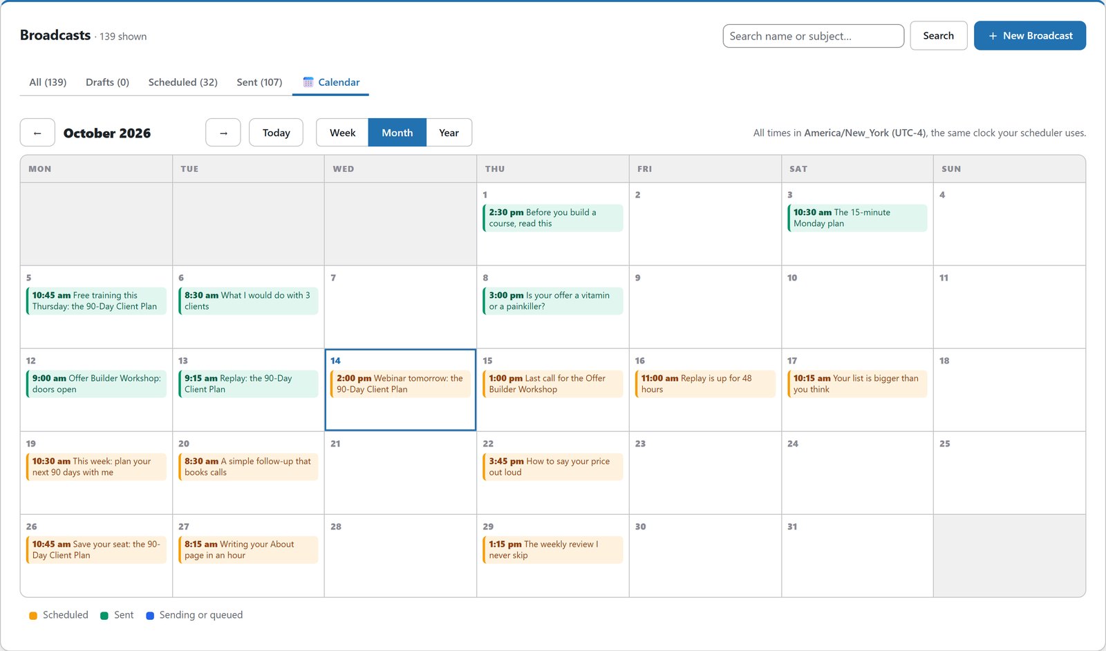 Monthly calendar of sent and scheduled email broadcasts