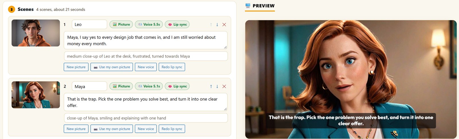 Animated Story scenes with picture, voice and lip sync done, preview showing Maya talking with captions