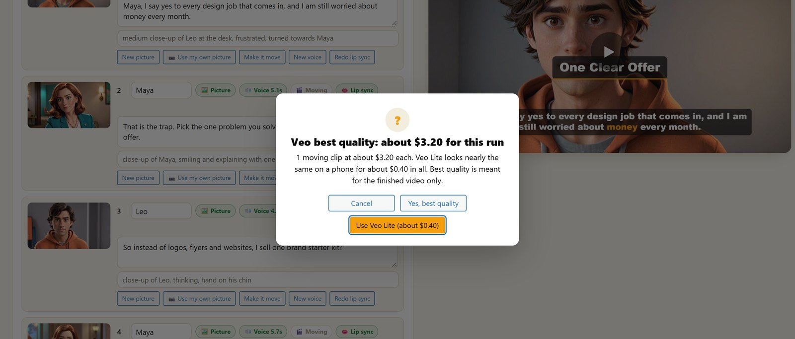 Popup showing a Veo best quality clip costs about $3.20 with a cheaper Veo Lite option
