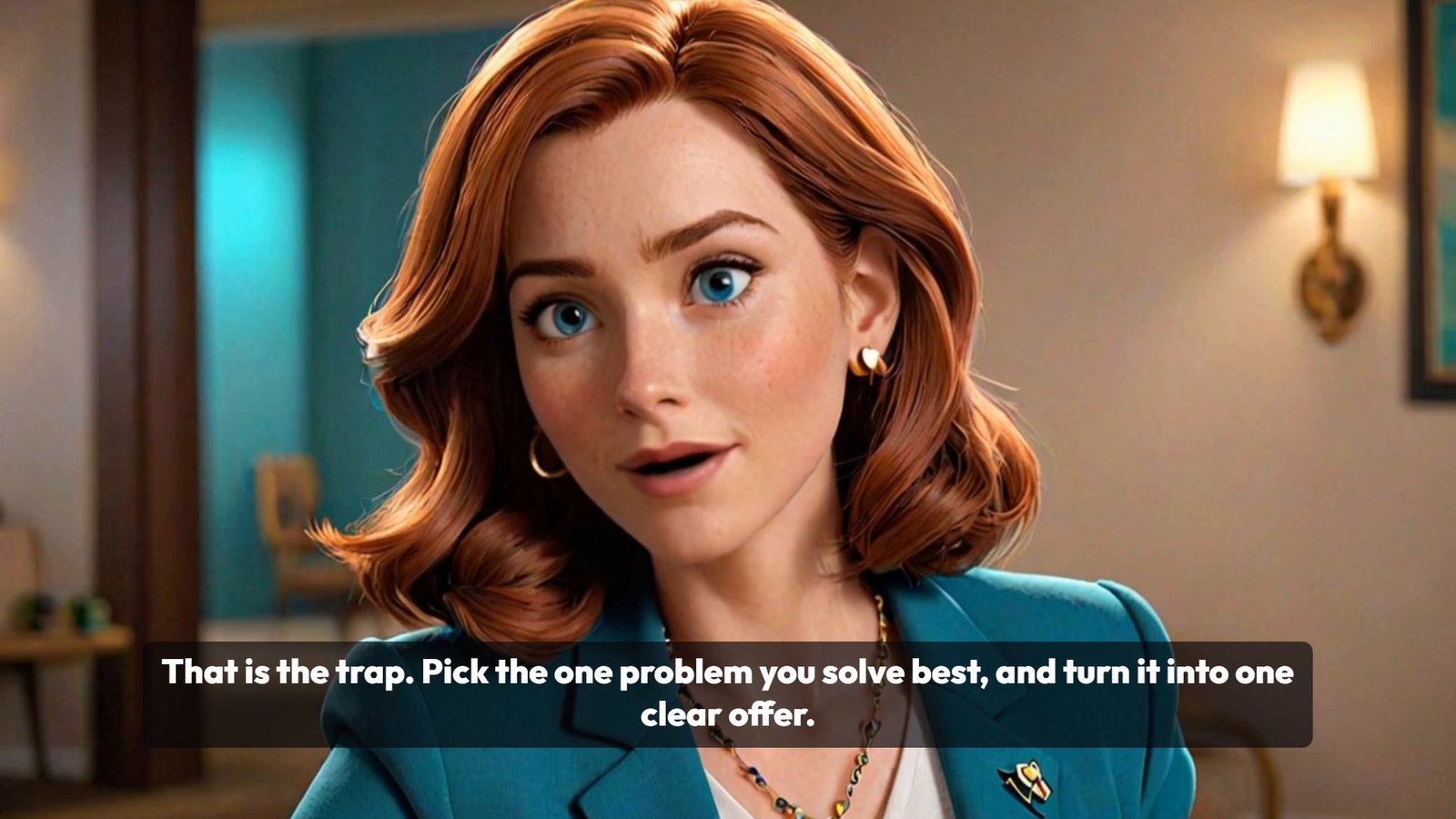 Frame from an exported Animated Story video, a 3D animated woman speaking with a caption