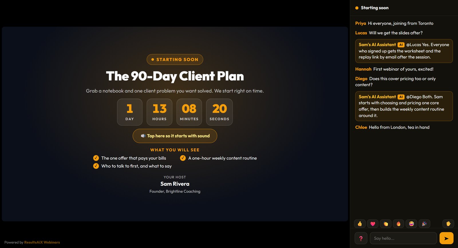 Webinar waiting room with countdown, agenda, host and chat where an AI assistant answers questions