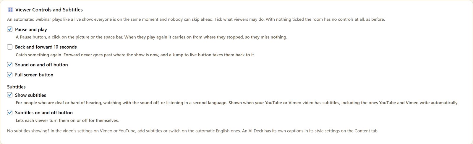 Checkboxes for viewer controls and subtitles on an automated webinar