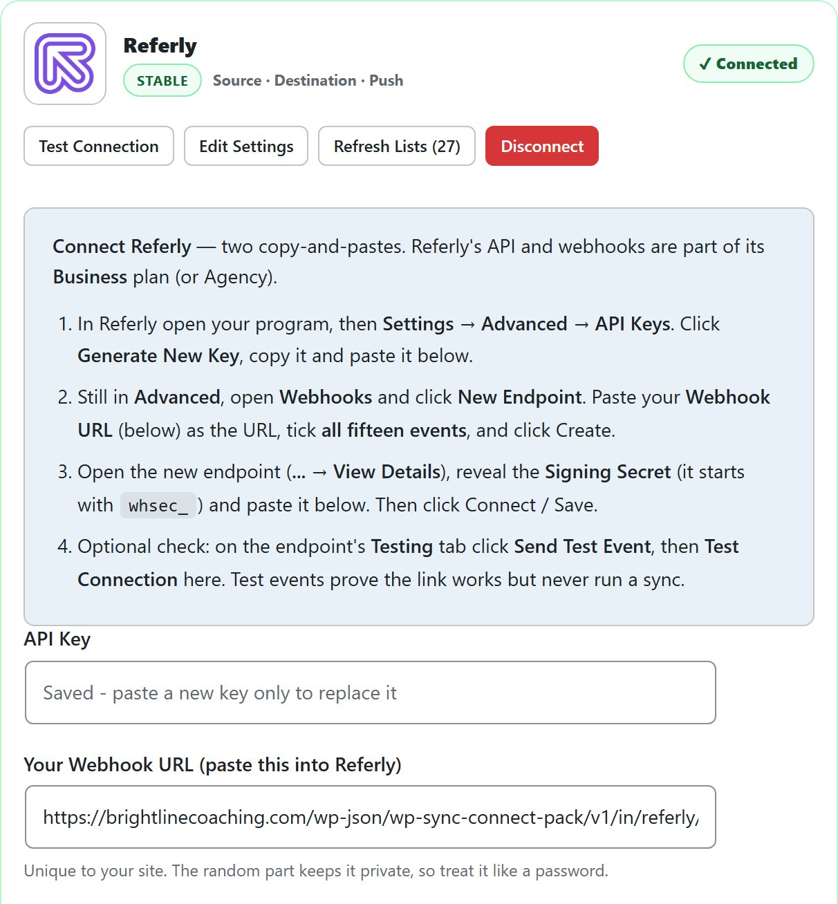 WP Sync Referly connection card with setup steps, API key and webhook URL