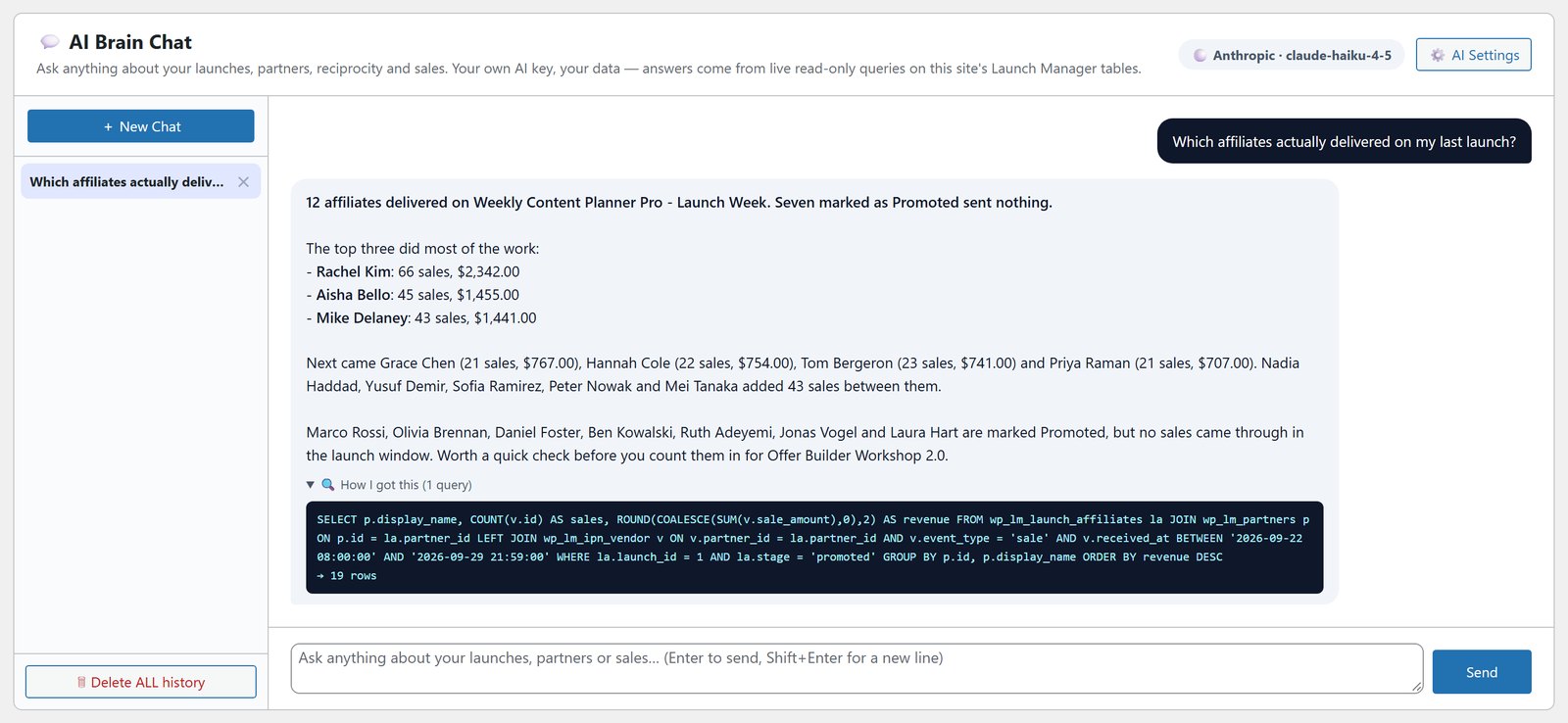 Launch Manager AI Brain Chat answering which affiliates delivered on the last launch, with a How I got this panel