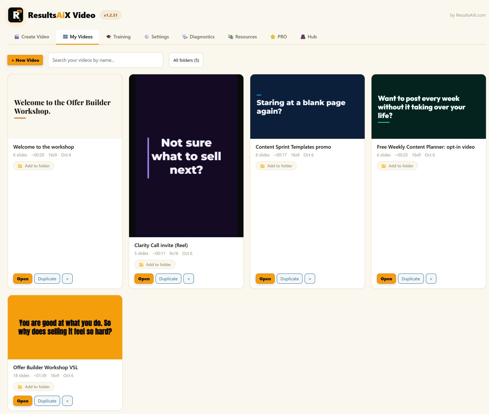ResultsAiX Video library with five saved videos in different templates, including a vertical 9:16 reel