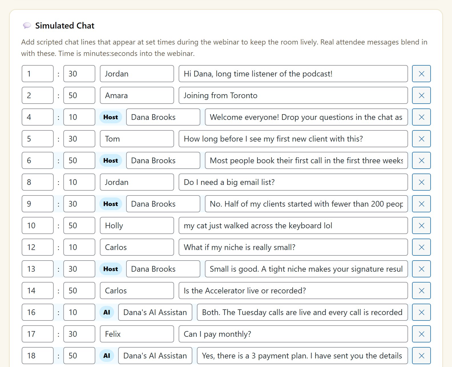 Automated webinar chat lines placed at the minute each was posted, with host and AI replies and a delete button