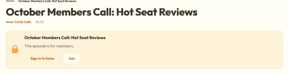A members-only podcast episode as a visitor sees it, with Sign in to listen and Join buttons
