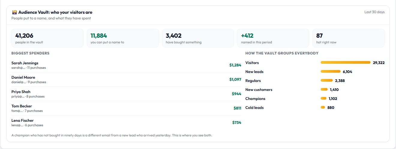 Audience Vault in the Hub: how many visitors you can name, how many have bought, biggest spenders and audience segments