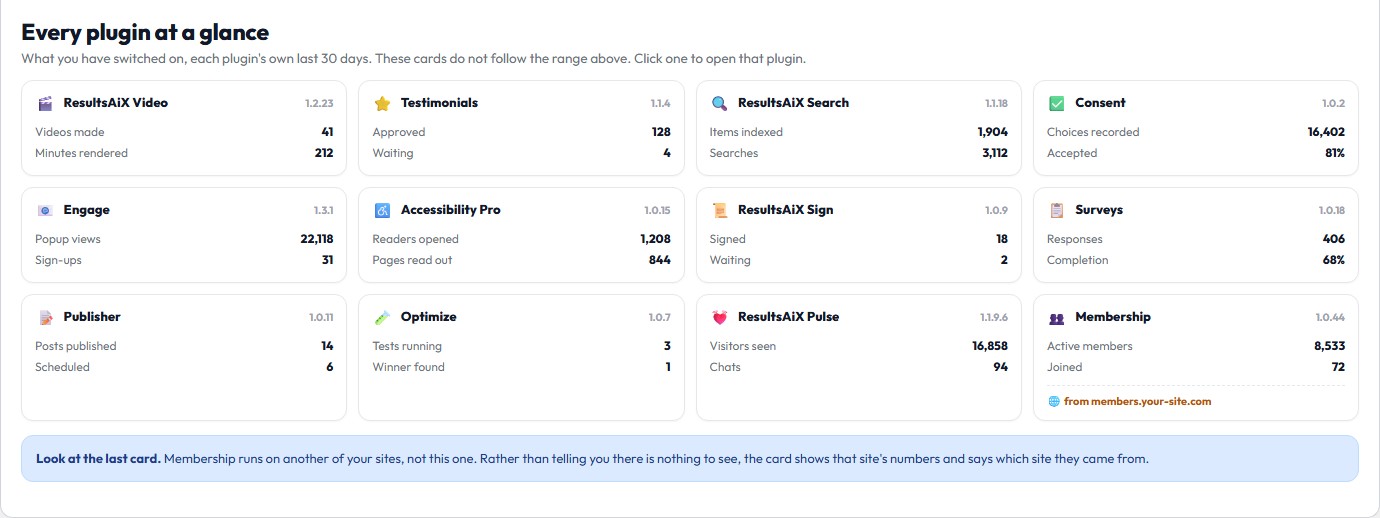 A card for every ResultsAiX plugin with its version and its own numbers, including one card reporting from another site