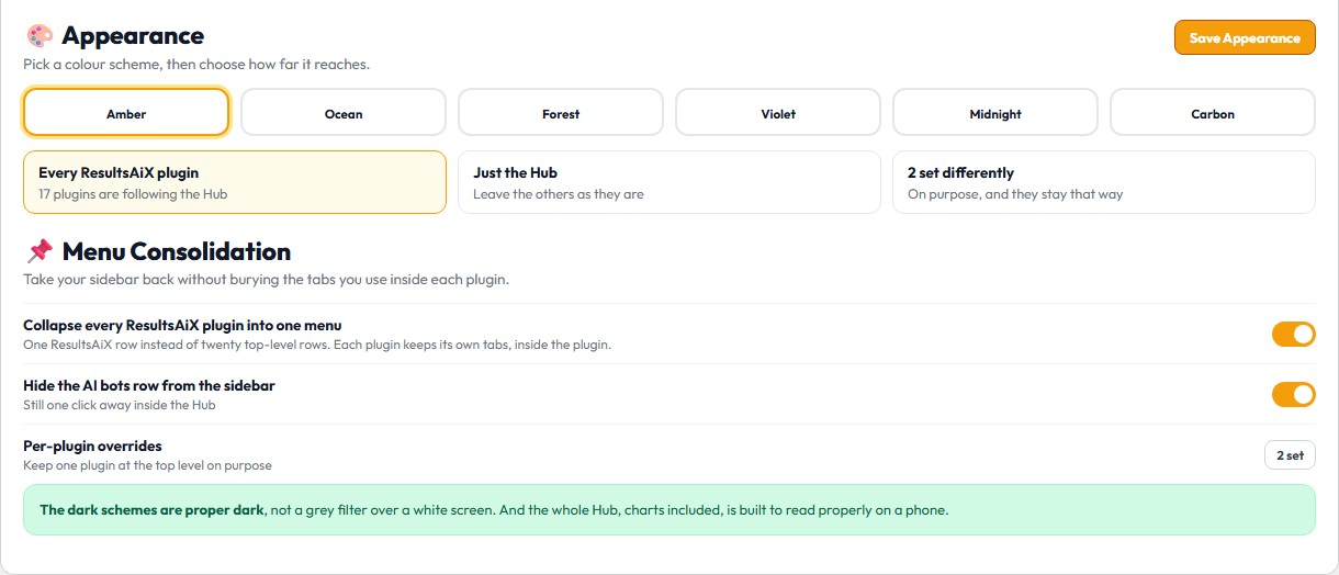 Hub settings: colour scheme picker, how far the scheme reaches, and the menu consolidation switches