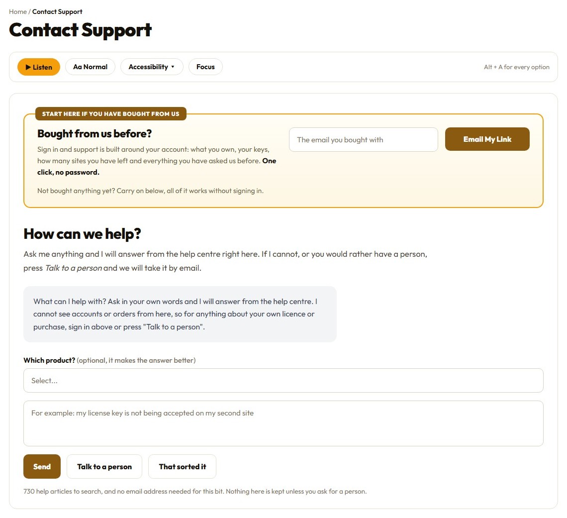 The ResultsAiX Support Desk contact page, asking what is wrong before showing a form