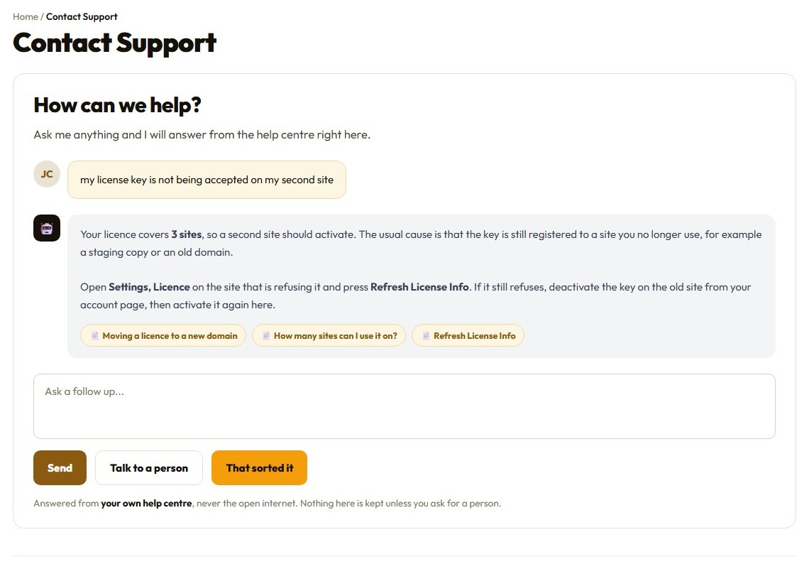 The support desk answering a customer question from the knowledge base, with the articles it used