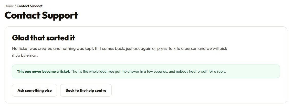 The That sorted it button closing a question without creating a support ticket