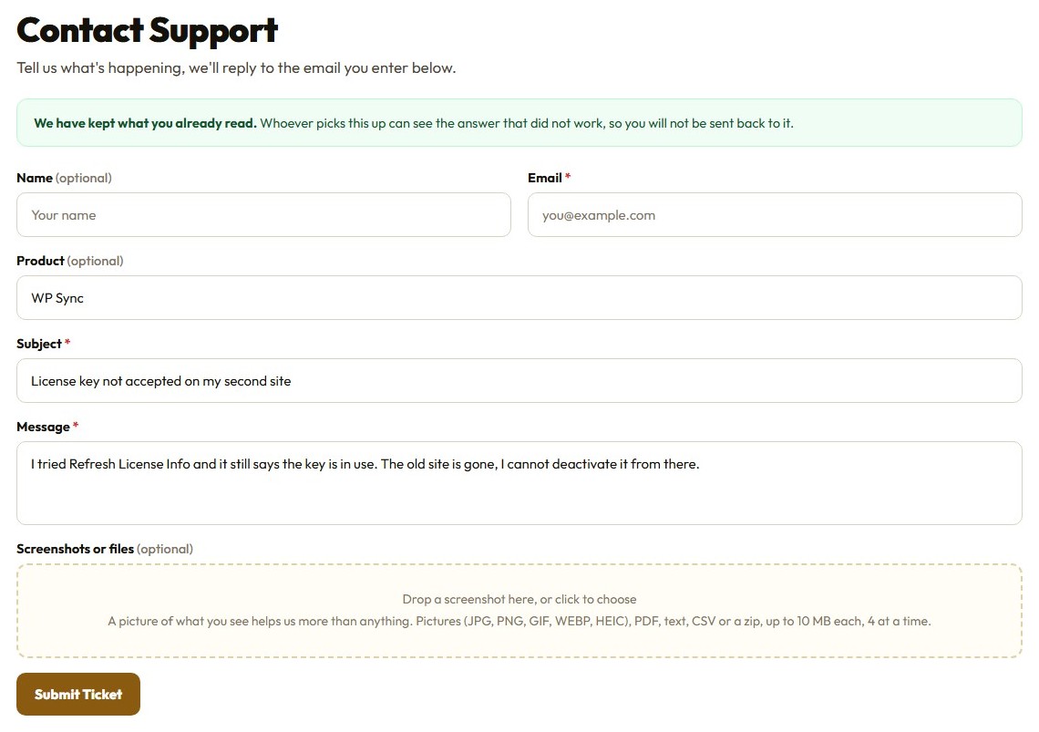 The ticket form keeping the answer the customer already read, shown in a green bar