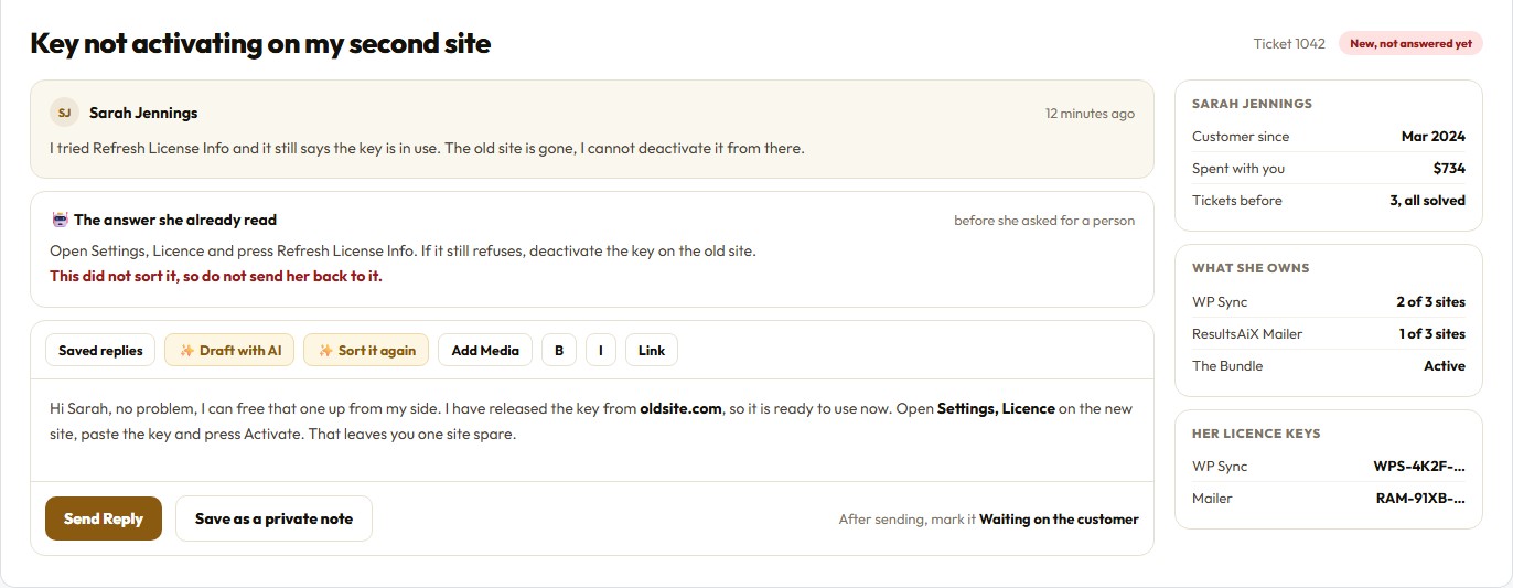 Inside a support ticket, with the customer purchases, licence keys and sites in the sidebar