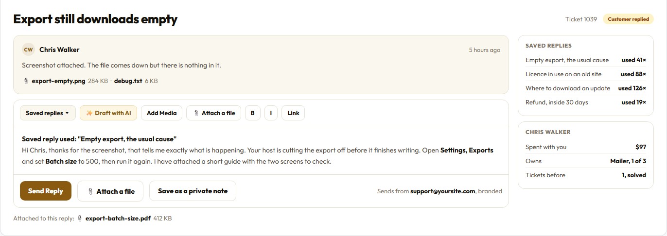Replying to a ticket with saved replies, an AI draft and file attachments