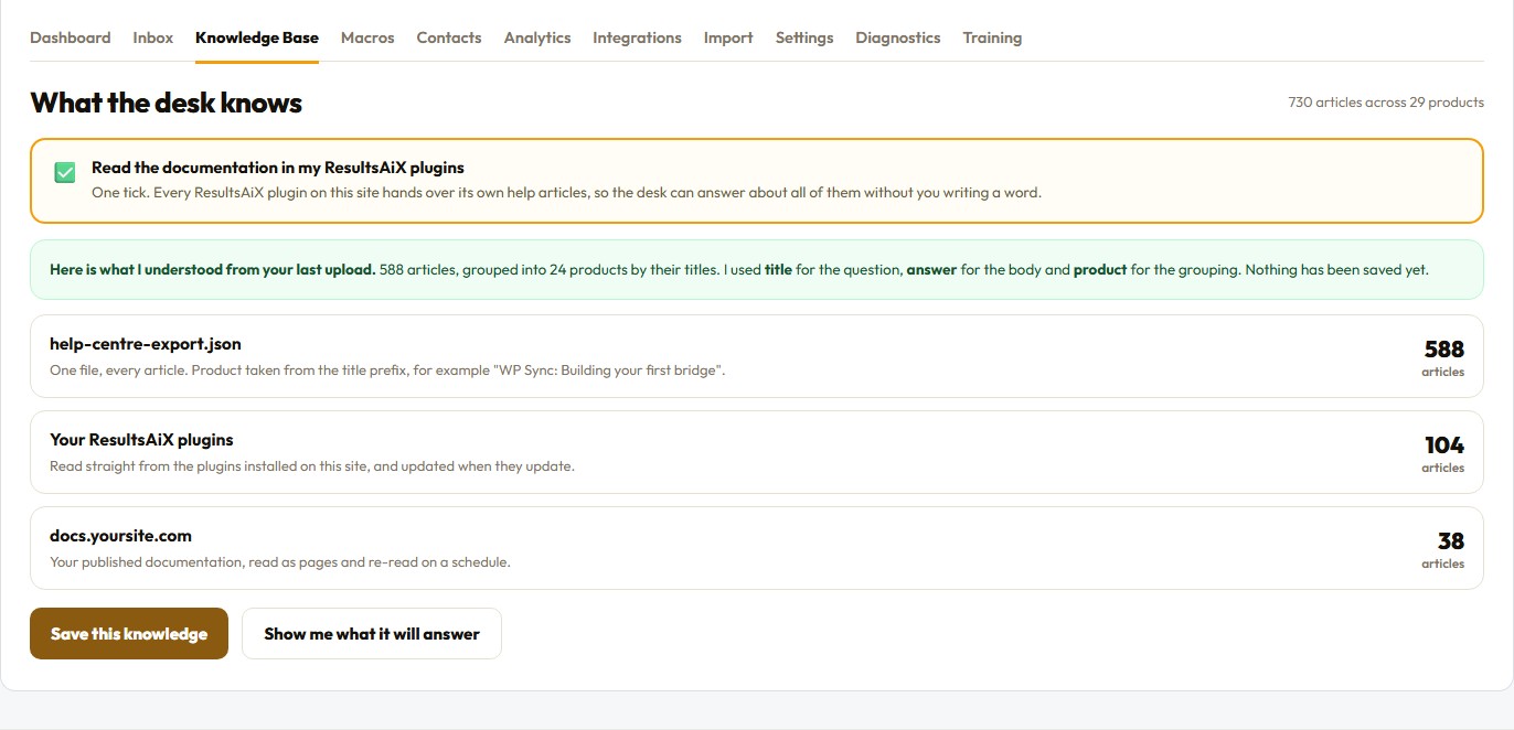The knowledge base screen showing what the support desk understood from your own documentation