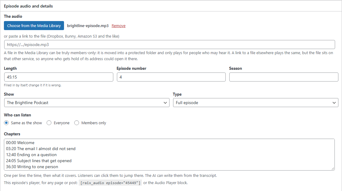 The episode audio box with a Media Library button, a link field, length, episode number, show, who can listen and chapters