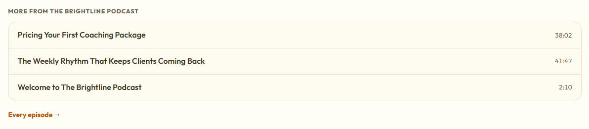 A list of more episodes from the same show under an episode page