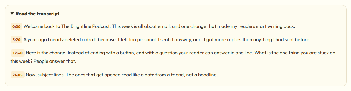 The transcript under an episode with a clickable time at the start of each paragraph