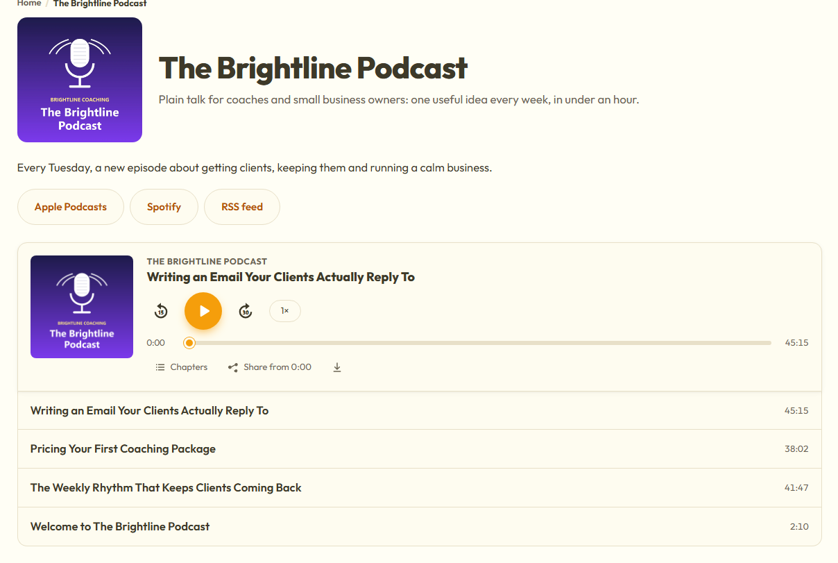 A podcast show page with cover art, follow buttons and every episode under one player