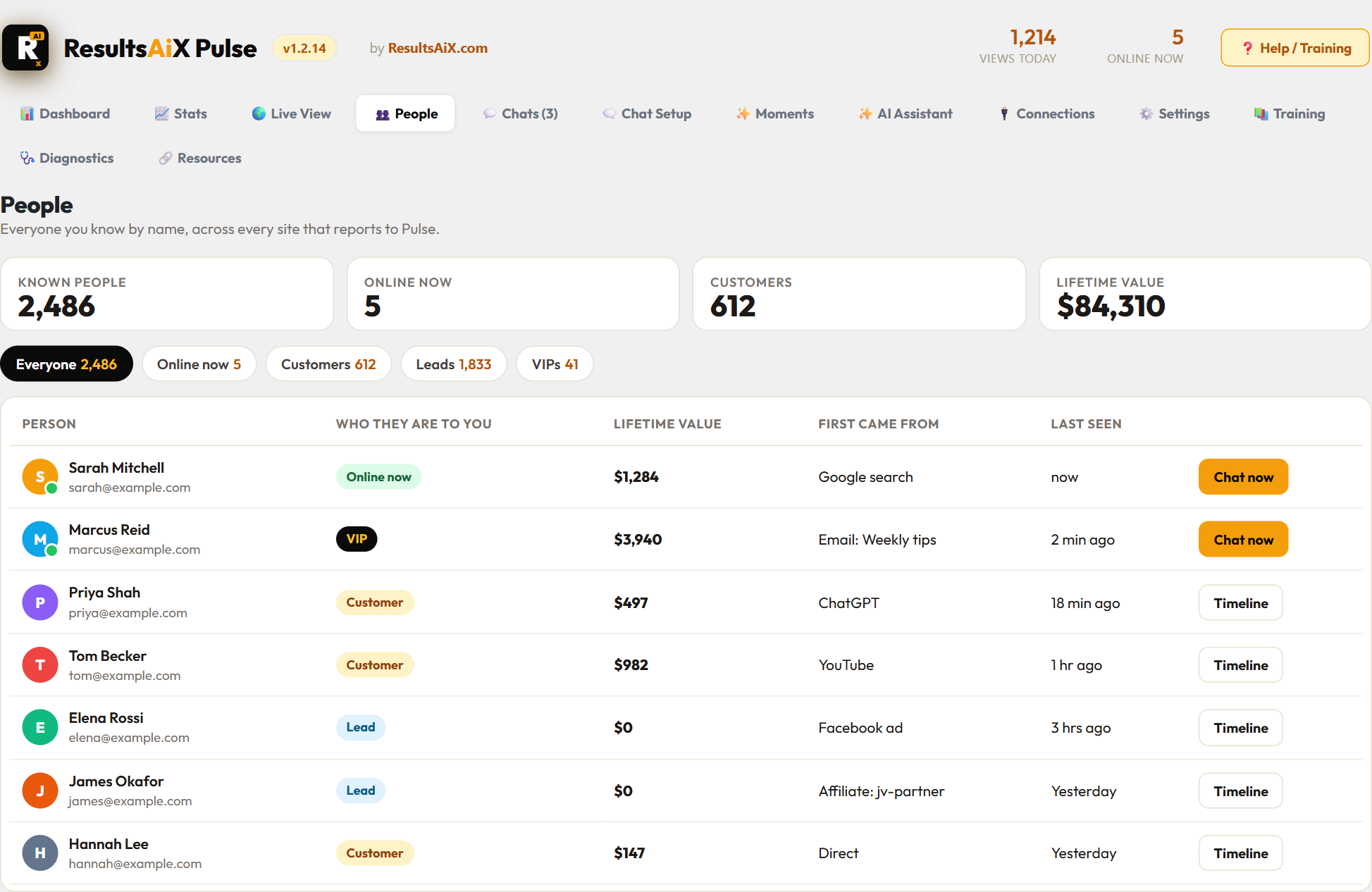 The Pulse People tab listing customers, leads and VIPs with their lifetime value and a Chat now button