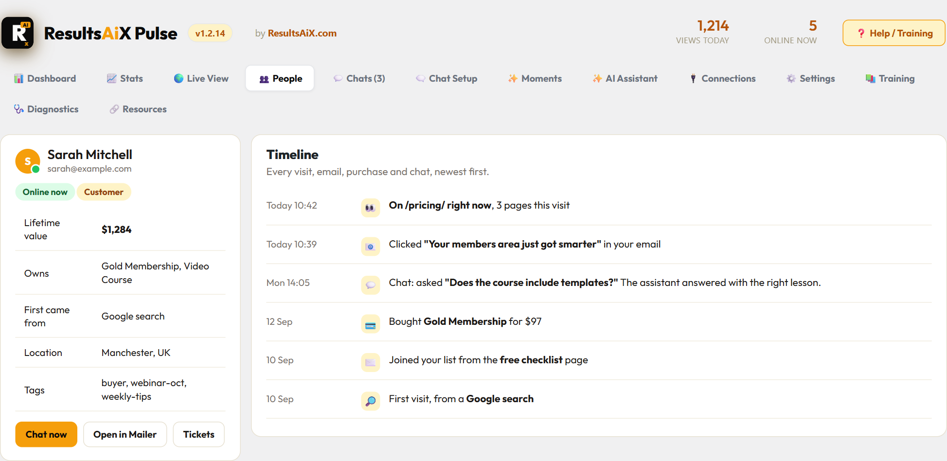 One person in Pulse: what they own, their lifetime value and a timeline of visits, emails, chats and purchases