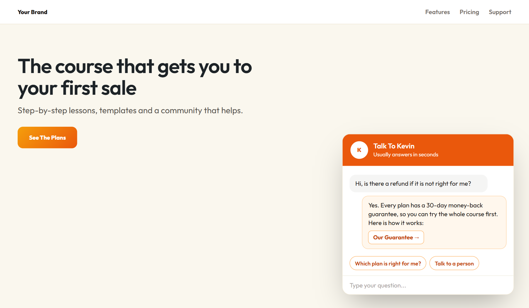 The chat on a sales page answering a visitor from the site help articles, with a link to the answer