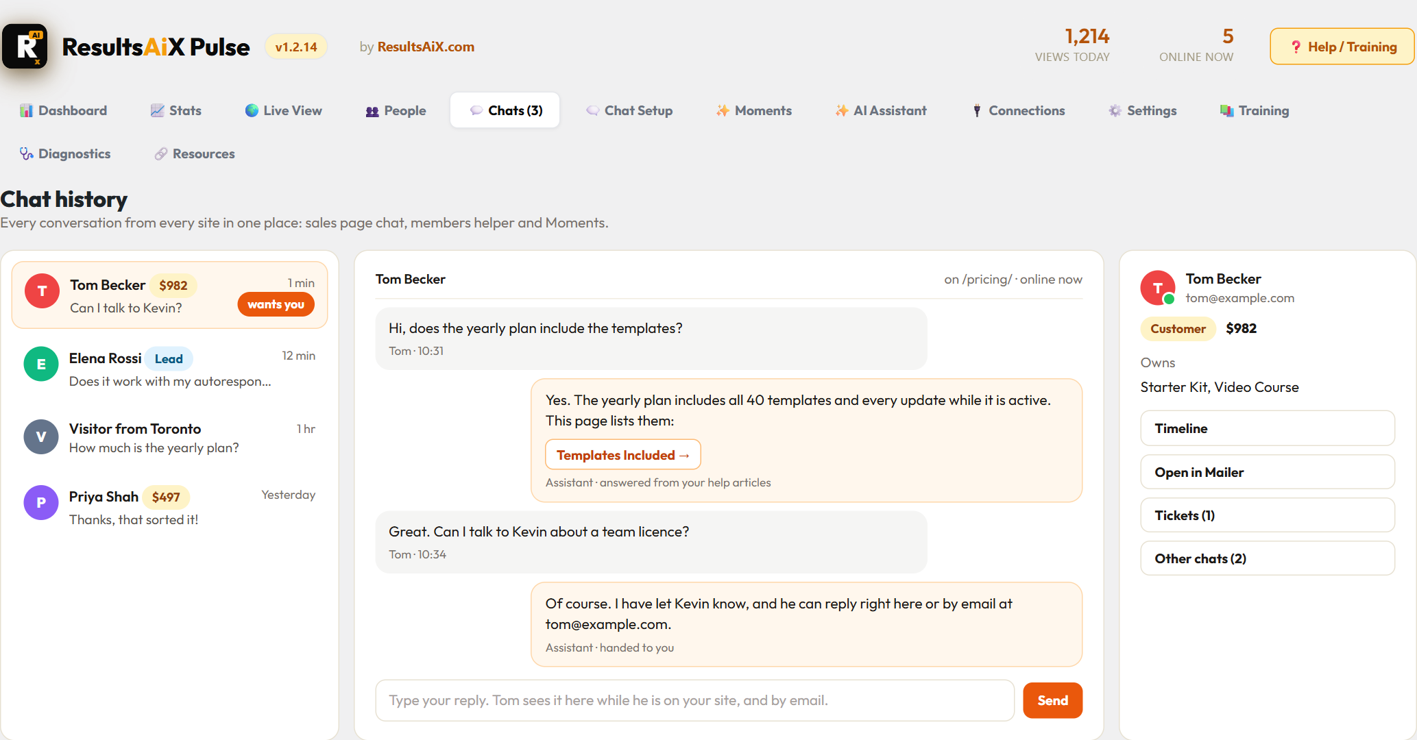 Pulse chat history: every conversation in one place, with the person value, what they own and quick links