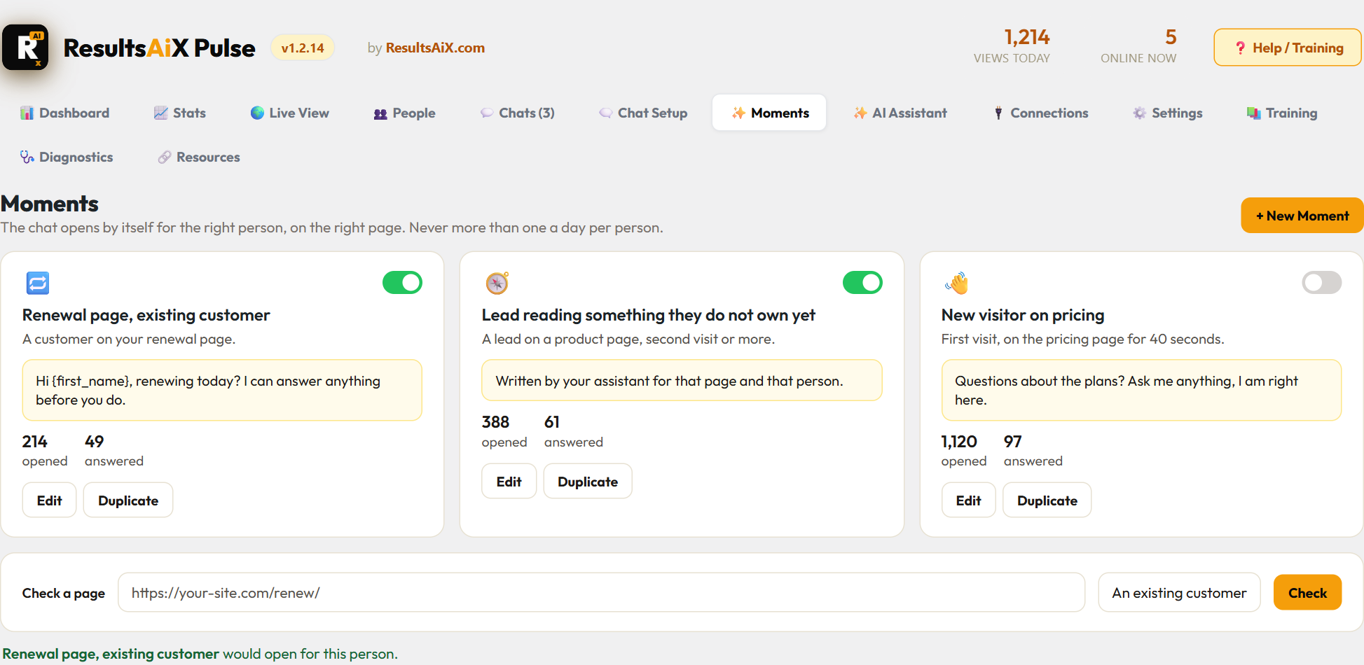 Pulse Moments: rules that open the chat by themselves for the right person on the right page