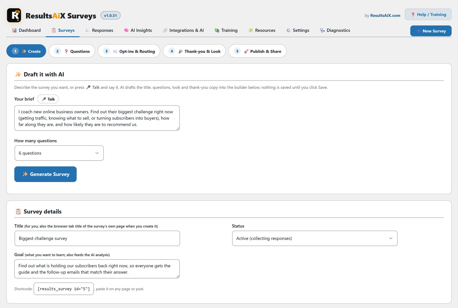 Survey builder step one with a one sentence brief in Draft it with AI, a question count and Generate Survey