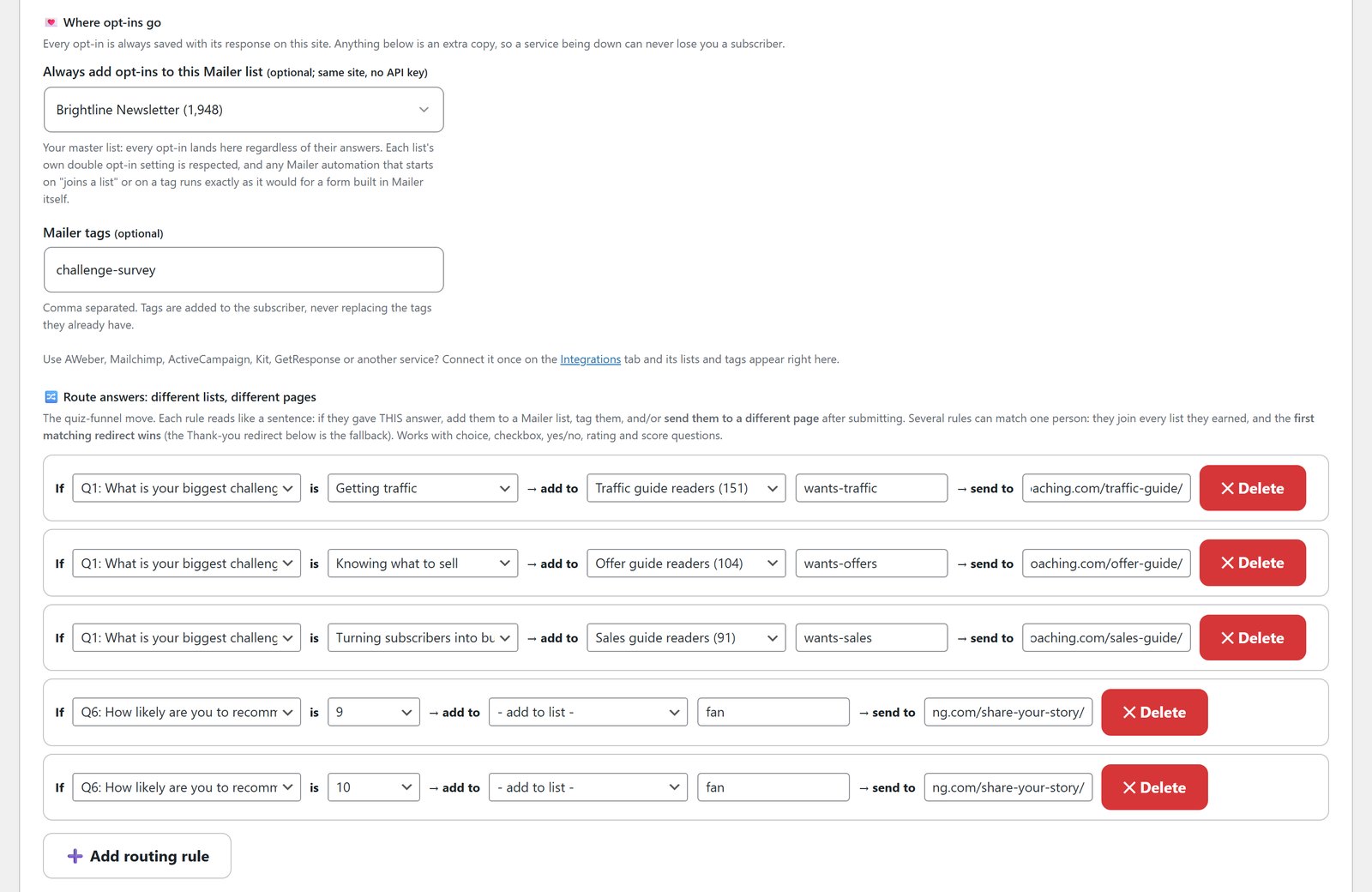 Opt-in routing to a Mailer list and tag, plus answer rules adding tags, lists and a guide page