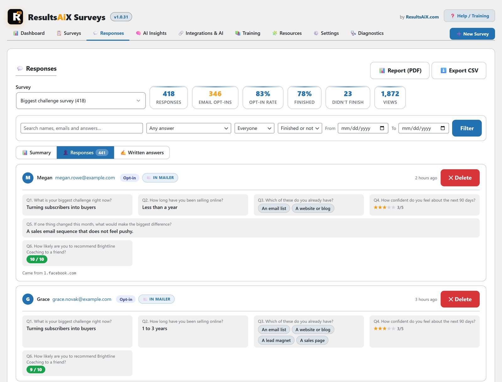 Survey responses listed one per person with Opt-in and In Mailer badges and each answer under its question