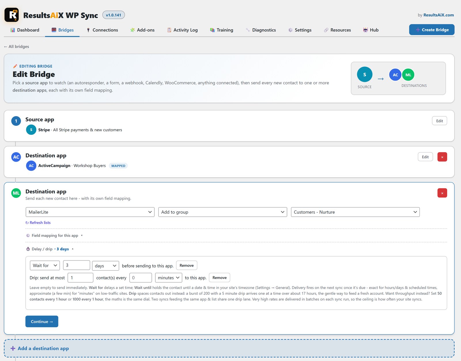 WP Sync bridge editor with two destinations, one set to wait 3 days before sending, and the drip controls