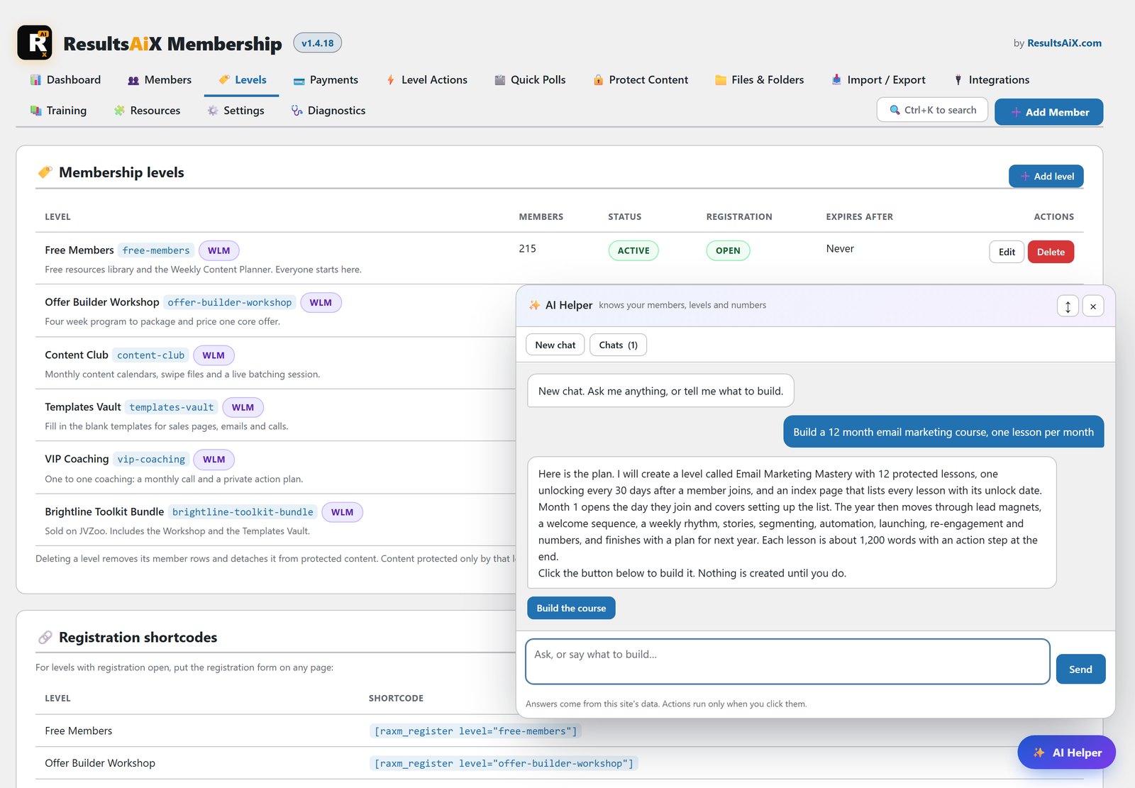 ResultsAiX Membership AI Helper chat proposing a twelve month email marketing course with a Build the course button