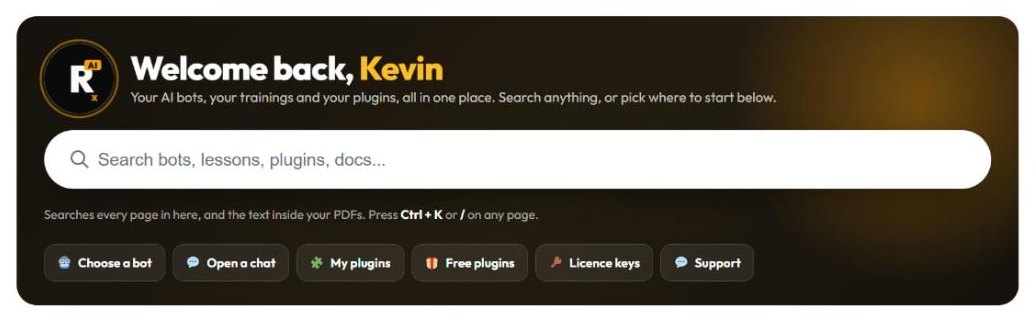 Results With Kevin AI members home with a search box and quick links to bots, chats, plugins and support