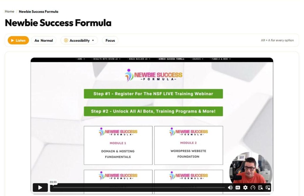 Newbie Success Formula course page in the Results With Kevin AI members area with its video and modules