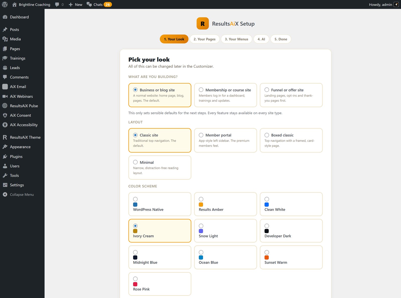 ResultsAiX Theme setup screen for choosing the kind of site, the layout and the colour scheme