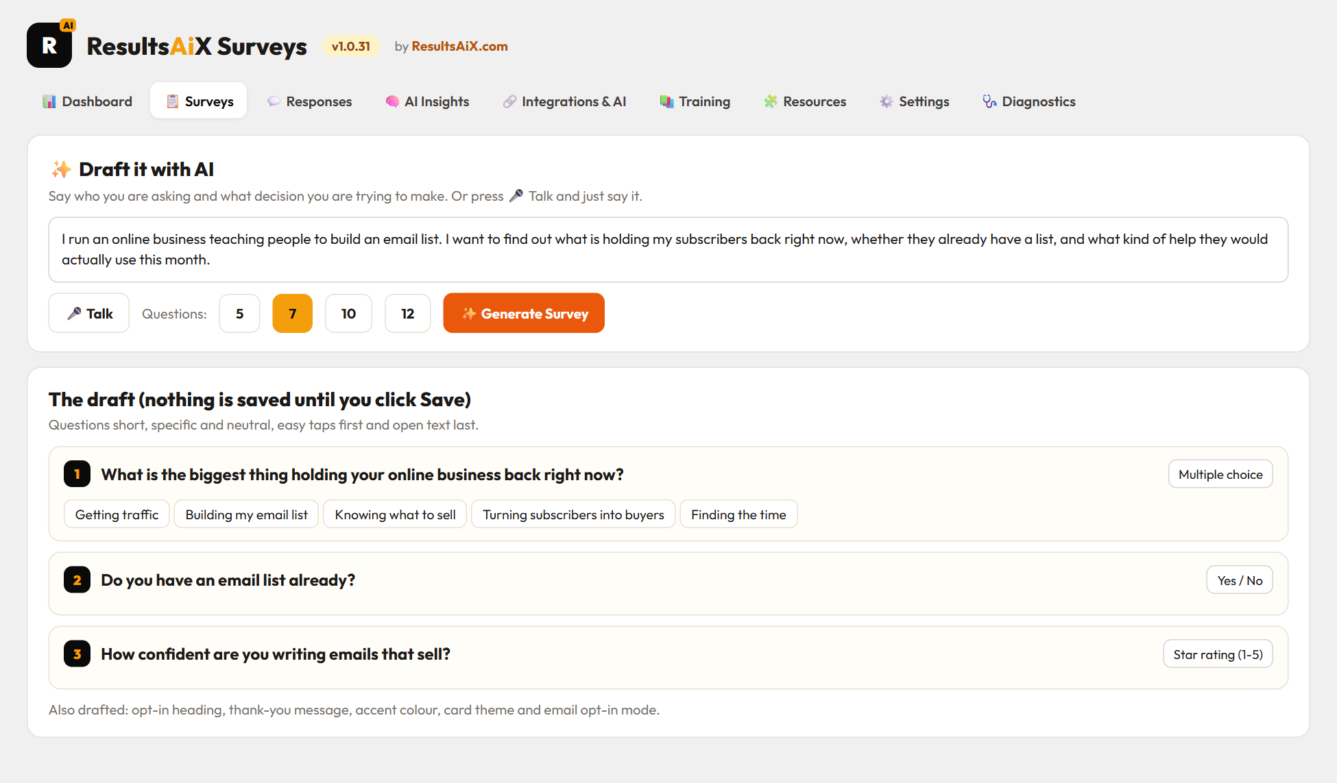 Writing a WordPress survey with AI from one sentence in ResultsAiX Surveys