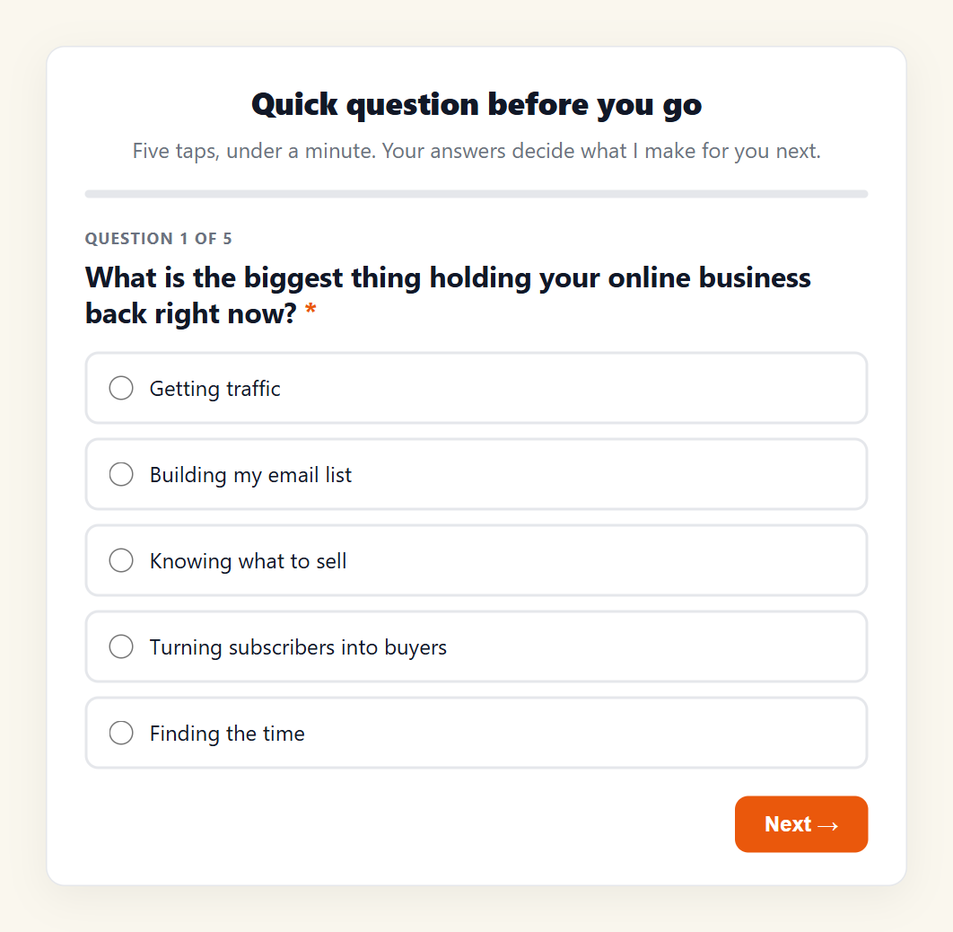 A WordPress survey showing one question at a time with a progress bar