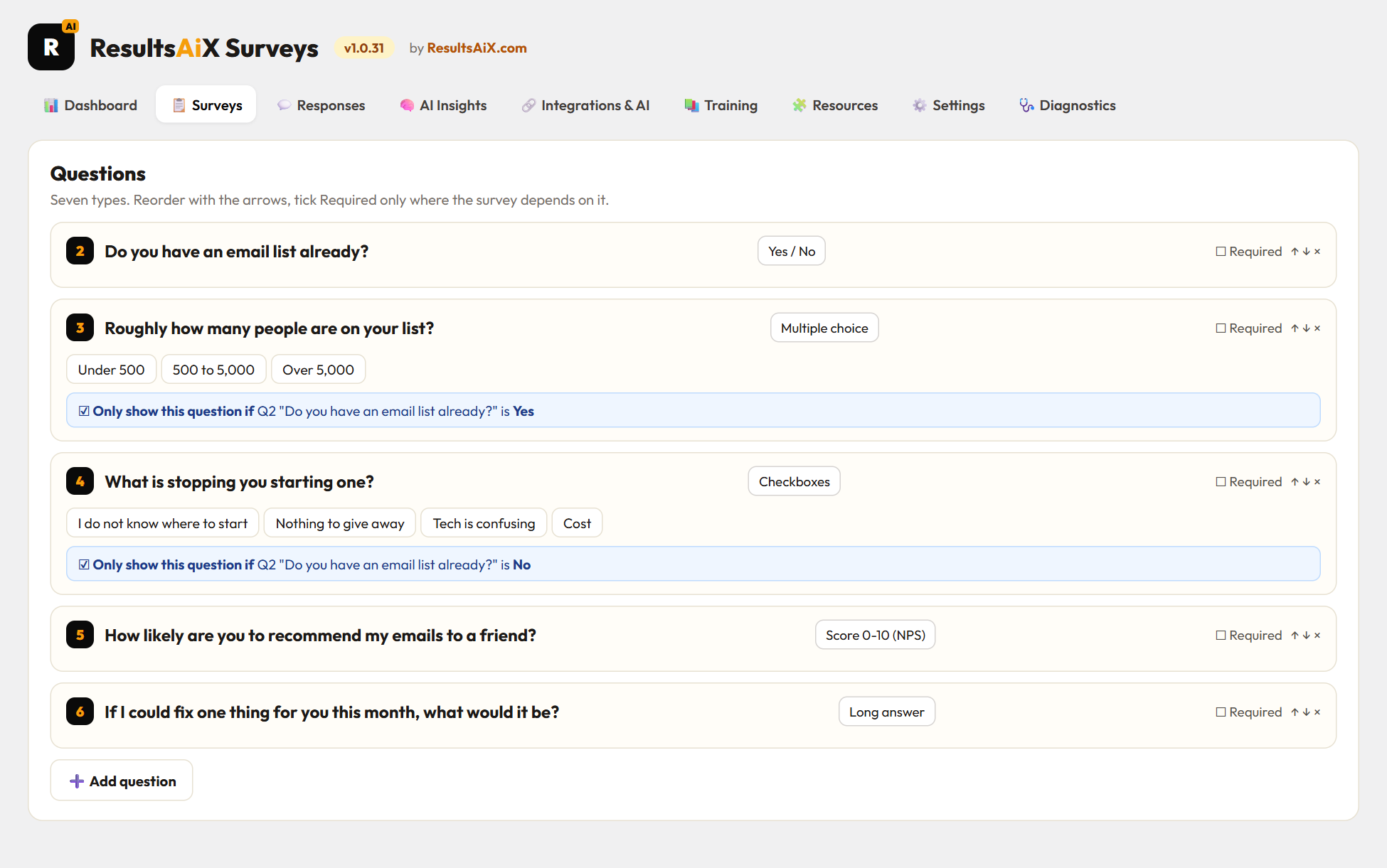 Survey question types and conditional logic in the ResultsAiX Surveys builder