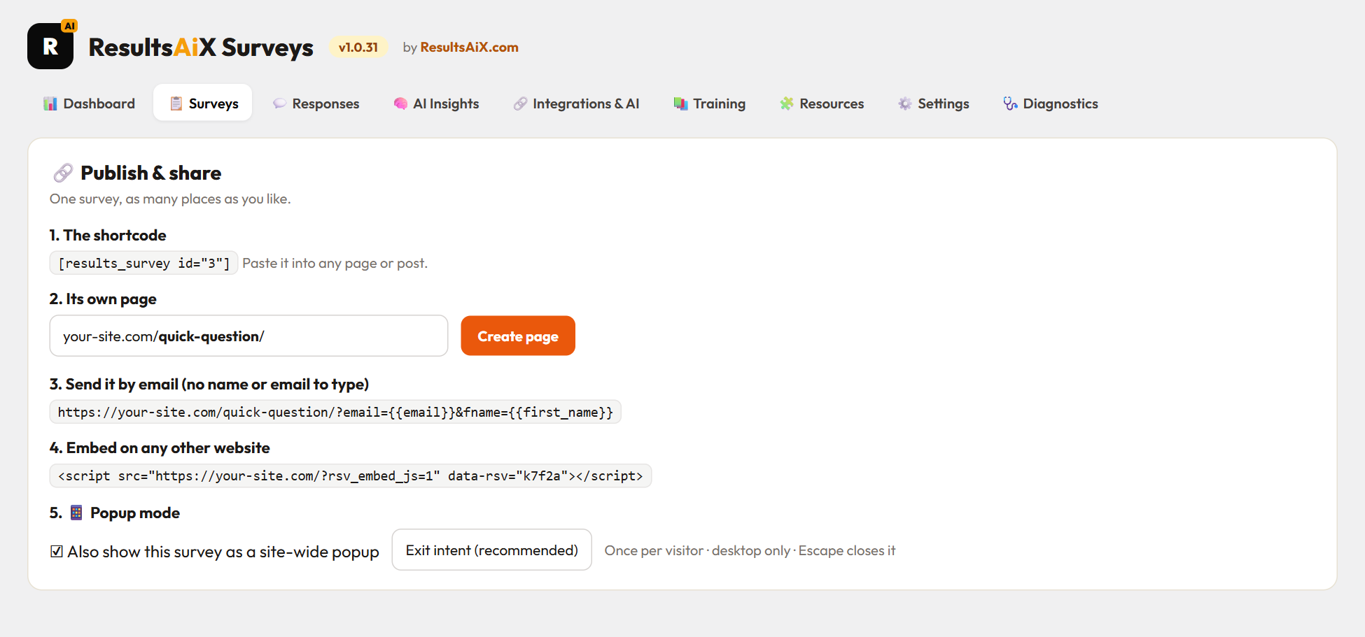 Five ways to publish a survey: shortcode, its own page, an email link, an embed and an exit intent popup