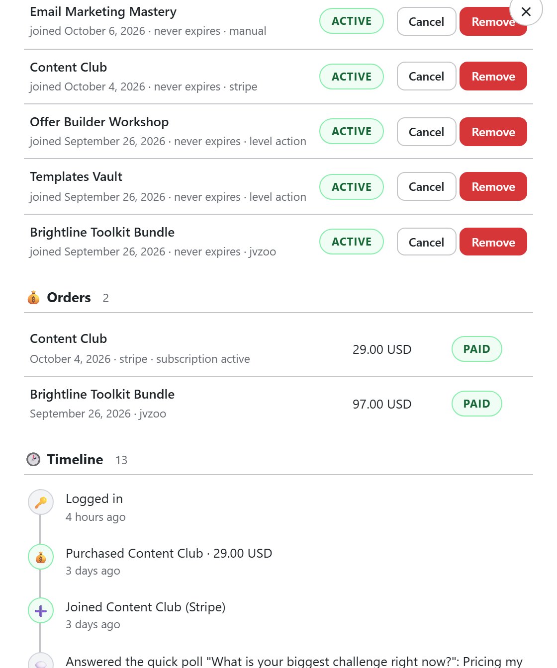 Member record showing memberships, a Stripe order and a JVZoo order on one person, and the start of their timeline