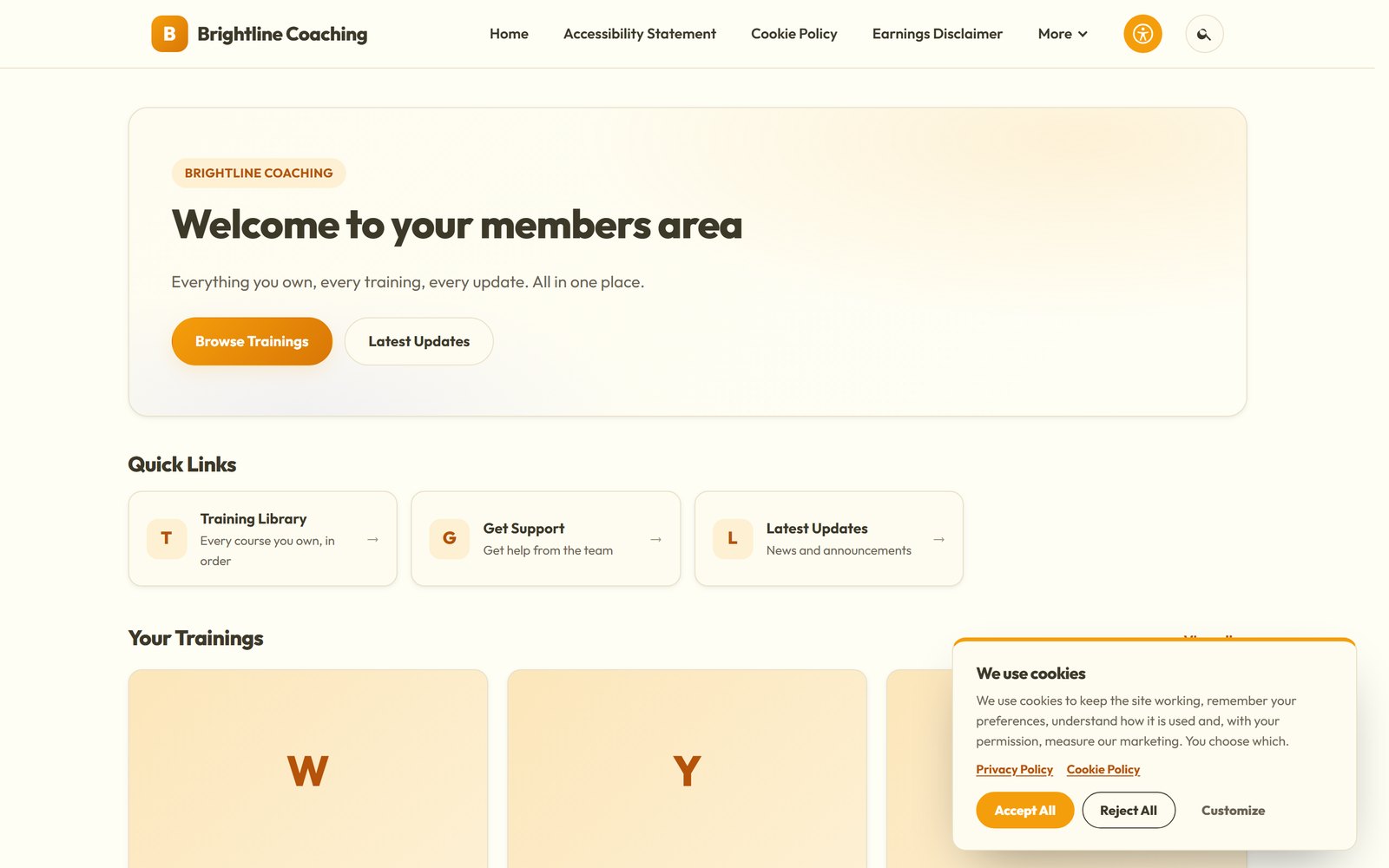 Members area page built with the ResultsAiX Theme, with quick links, a training library and the cookie notice open